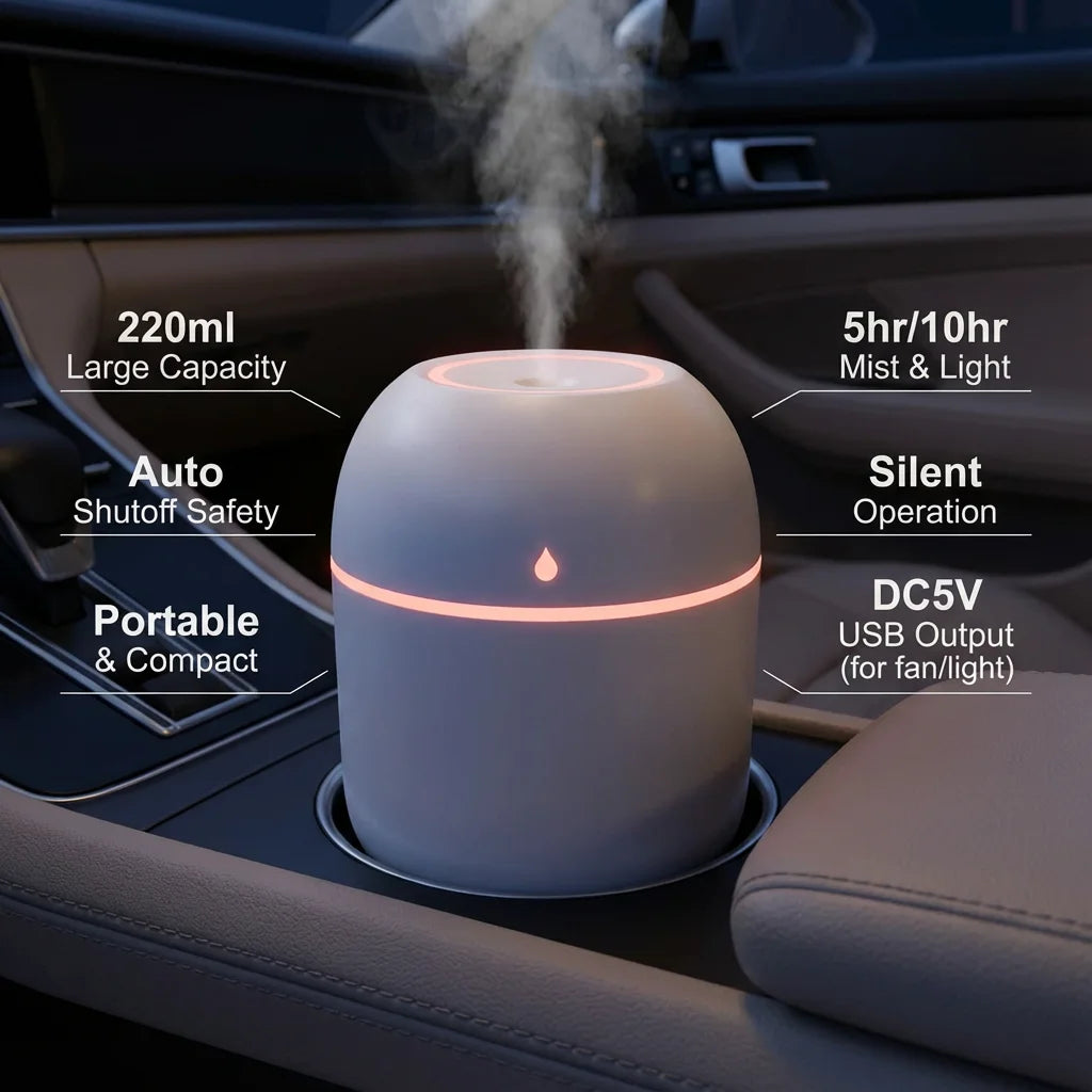 Portable 220ml USB Ultrasonic Mini Humidifier & Aroma Diffuser